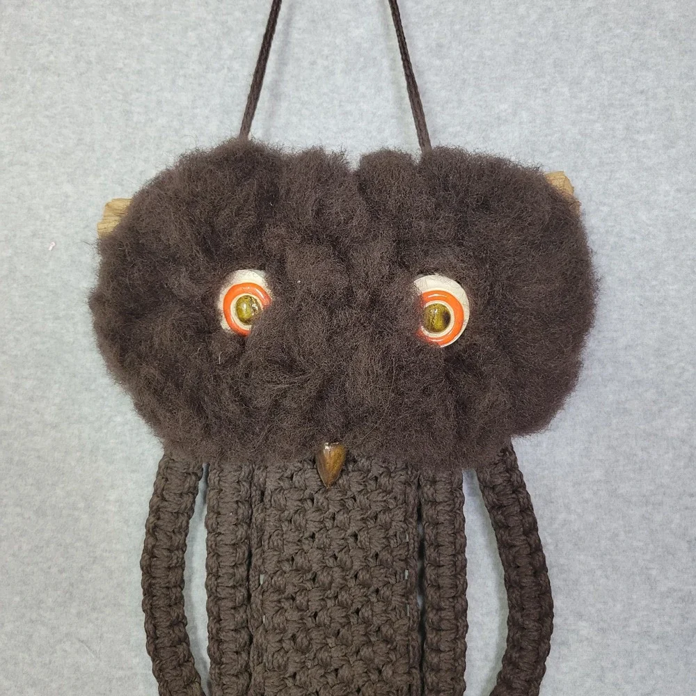 Vintage 70s Macrame Owl Wall Hanging Brown Fiber Art Wood Perch Boho Decor